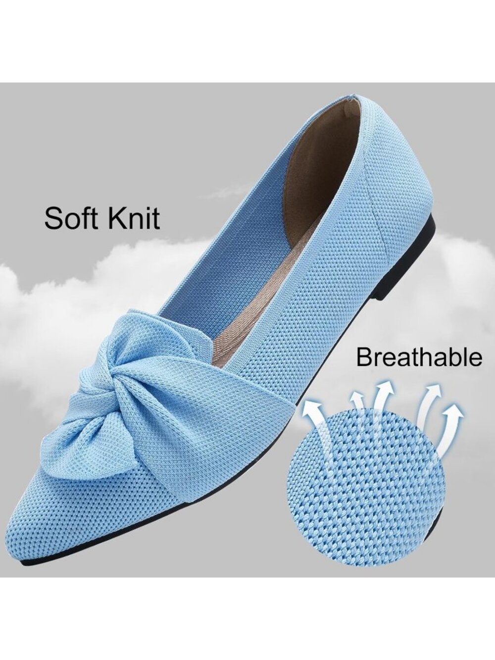 Women's Light Blue Pointed Toe Bow Comfortable Knit Pull On Dressy Ballet Flats - Picture 5 of 7